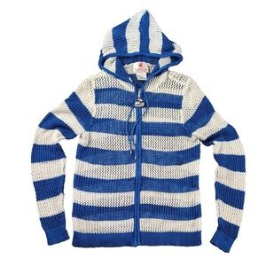 Y2K Quaker Factory M Navy White Zip Up Hoodie Open Knit Beaded Nautical Sailboat